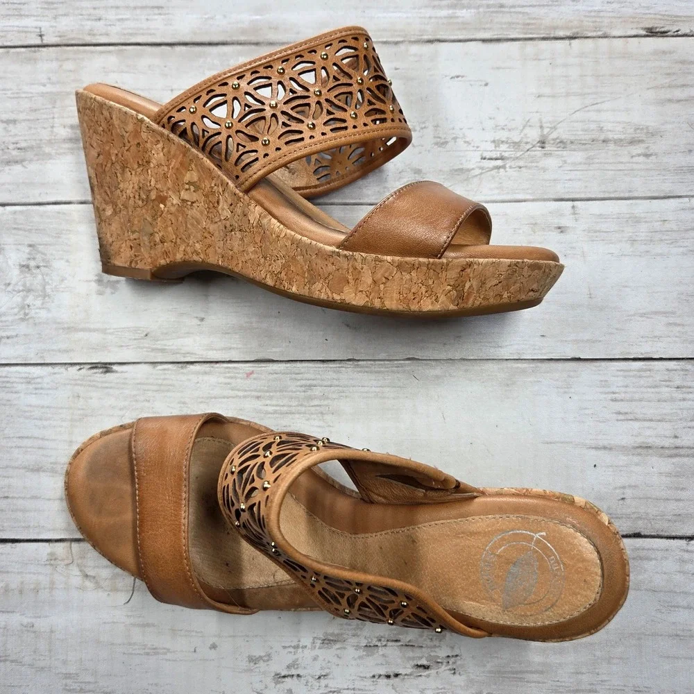 Nurture Alea Wedge Sandals Women 8M Tan Leather Laser Cut Studded‎ Cork Platform